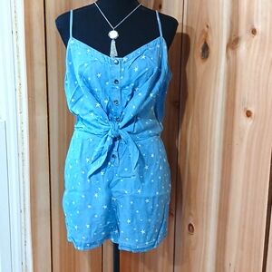 Blue and White Polka Dot Denim Jumpsuit